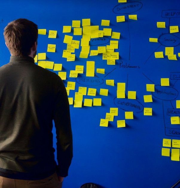 a person facing a wall covered in sticky notes